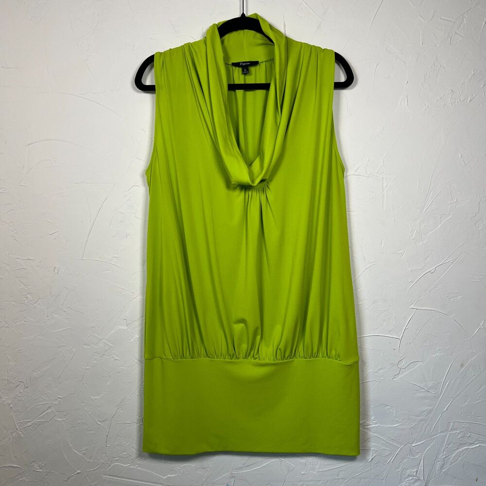 Y2K Express Lime Green Draped Sleeveless Cowl Neck Mini Dress Going Out Size L - Picture 5 of 11